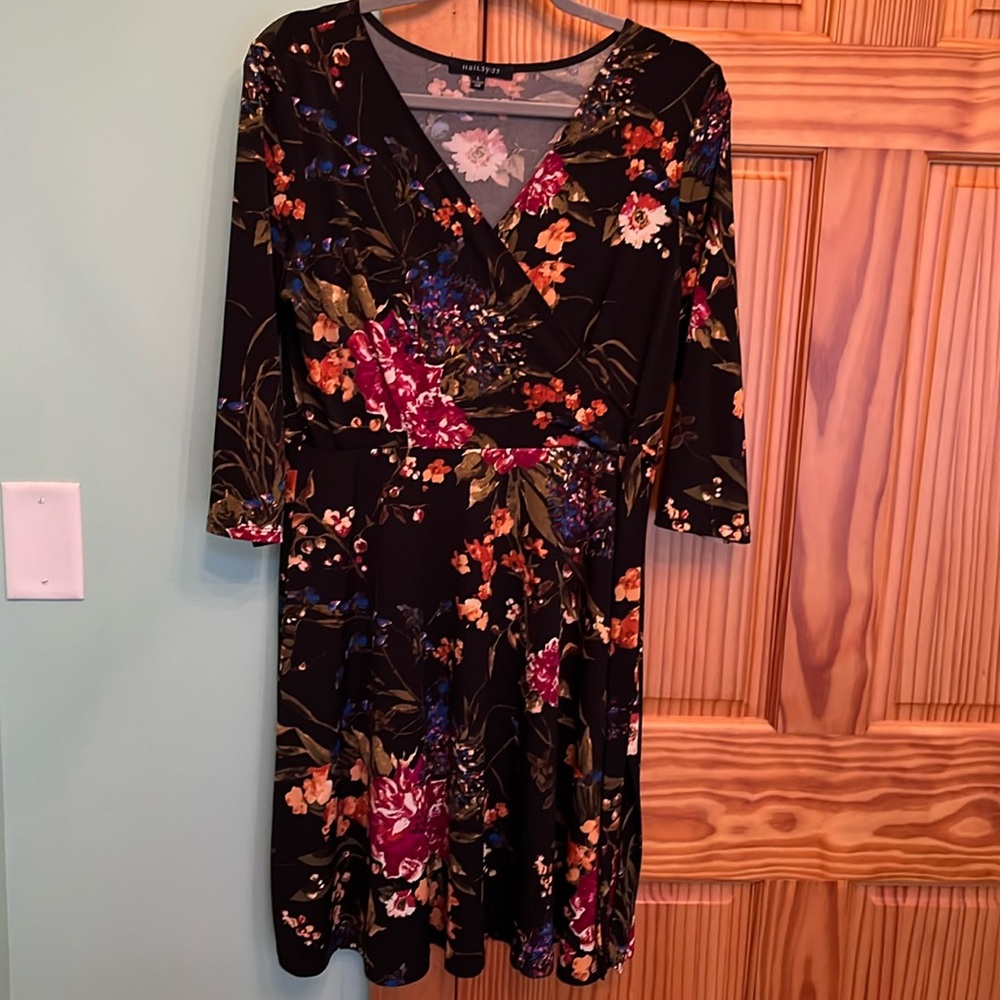 Black floral faux wrap dress